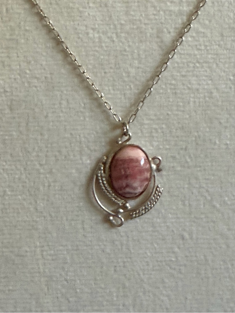 Vintage 900 Silver Rodochrosite Pendant Necklace- Veined Gem Artisan wiredwork